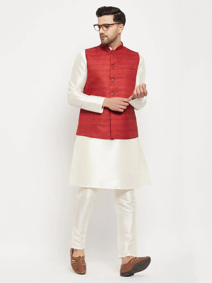 Men's Maroon Matka Silk Nehru Jacket With Cream Silk Blend Kurta And Pant Style Pyjama Set