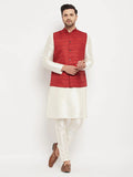 Men's Maroon Matka Silk Nehru Jacket With Cream Silk Blend Kurta And Pant Style Pyjama Set