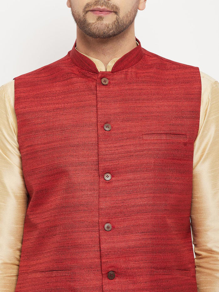Men's Maroon Matka Silk Nehru Jacket With Gold Silk Blend Kurta And Pant Style Pyjama Set