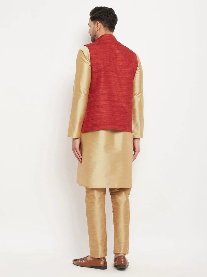 Men's Maroon Matka Silk Nehru Jacket With Rose Gold Silk Blend Kurta And Pant Style Pyjama Set