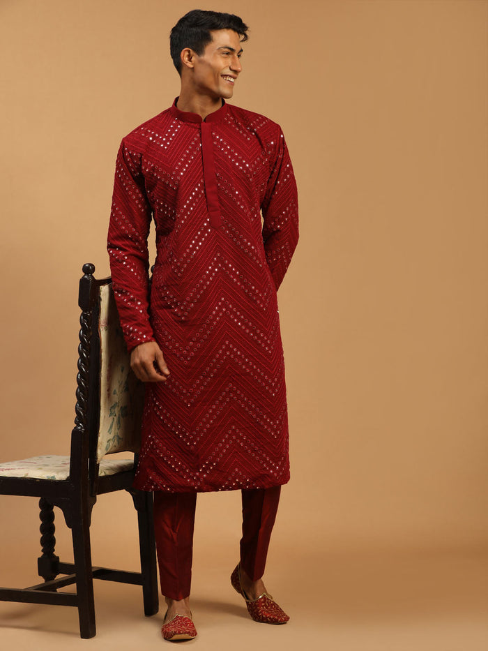 Men's Maroon Mirror Kurta Pant Set