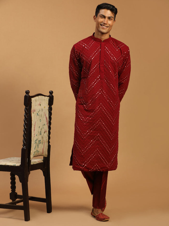 Men's Maroon Mirror Kurta Pant Set