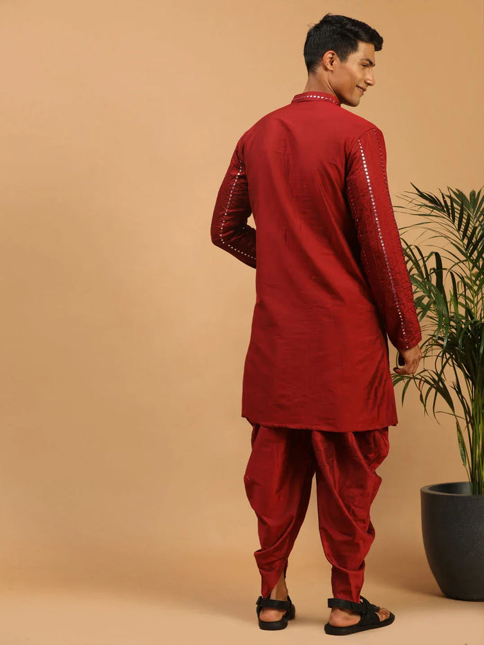 Men's Maroon Mirror Kurta With Dhoti And Dupatta Set
