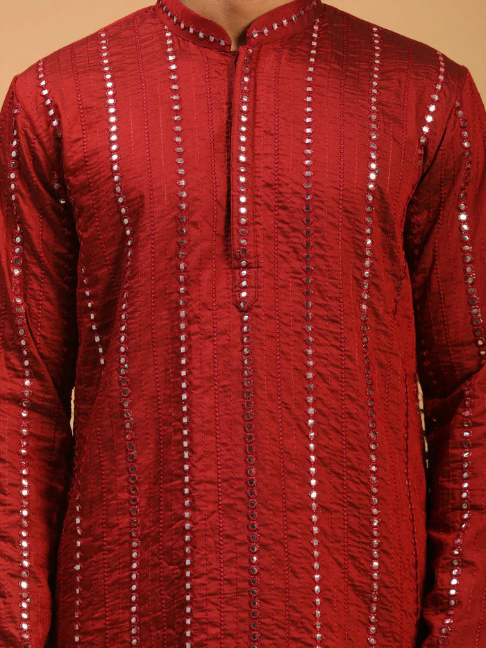 Men's Maroon Mirror Kurta With Dhoti And Dupatta Set