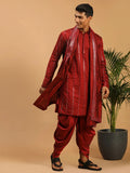Men's Maroon Mirror Kurta With Dhoti And Dupatta Set