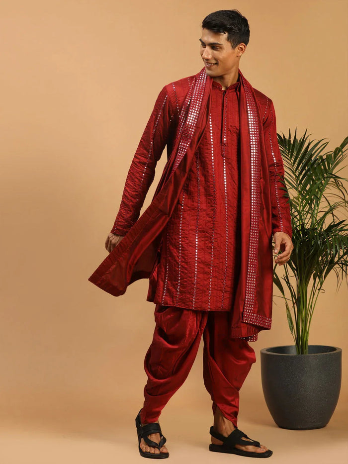 Men's Maroon Mirror Kurta With Dhoti And Dupatta Set