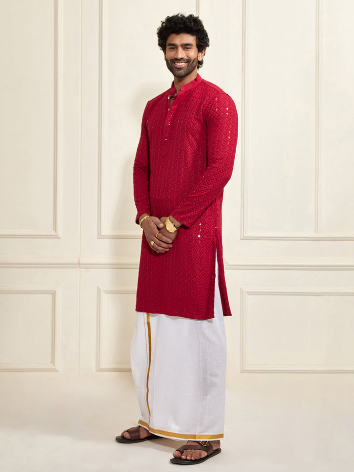 Men's Maroon Rayon Cotton Kurta And Mundu Set