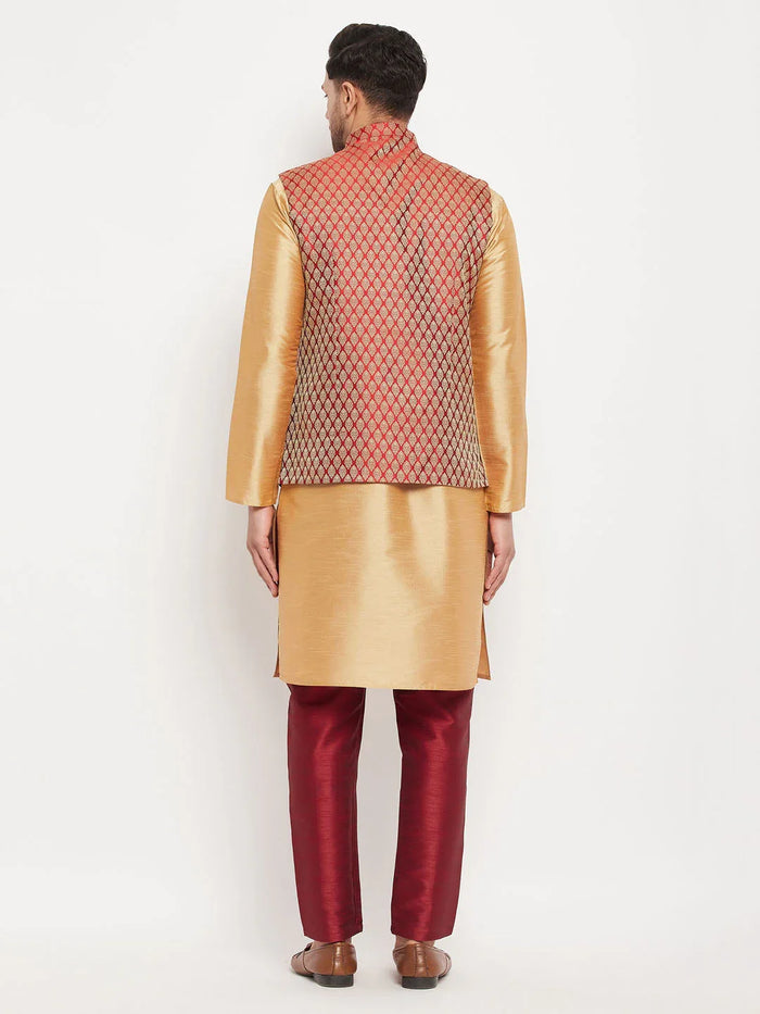Men's Maroon Silk Blend Ethnic Jacket, Rose Gold Kurta And Maroon Pant Syle Pyjama Set