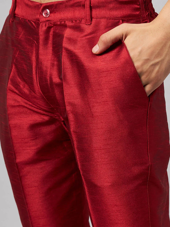 Men's Maroon Silk Blend Ethnic Jacket With Gold Kurta And Maroon Pant Style Pyjama Set