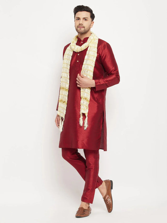 Men's Maroon Silk Blend Kurta And Maroon Pant Style Pyjama Set With Dupatta