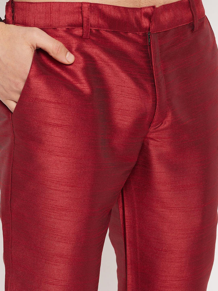 Men's Maroon Silk Blend Kurta And Maroon Pant Style Pyjama Set With Dupatta
