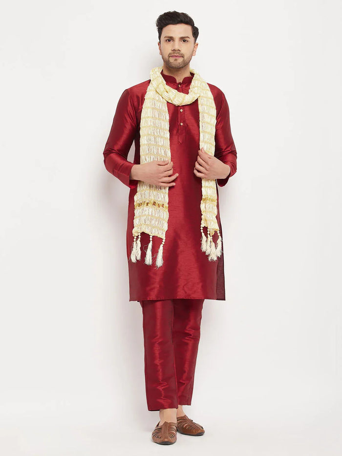 Men's Maroon Silk Blend Kurta And Maroon Pant Style Pyjama Set With Dupatta