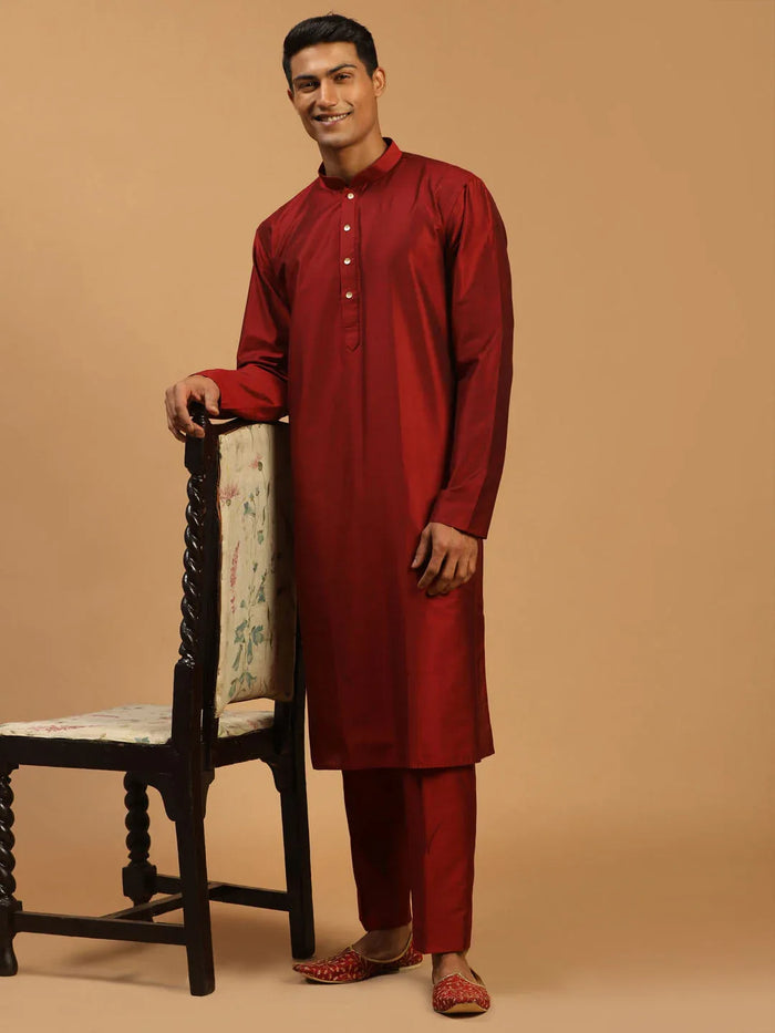 Men's Maroon Viscose Kurta With Pant Set