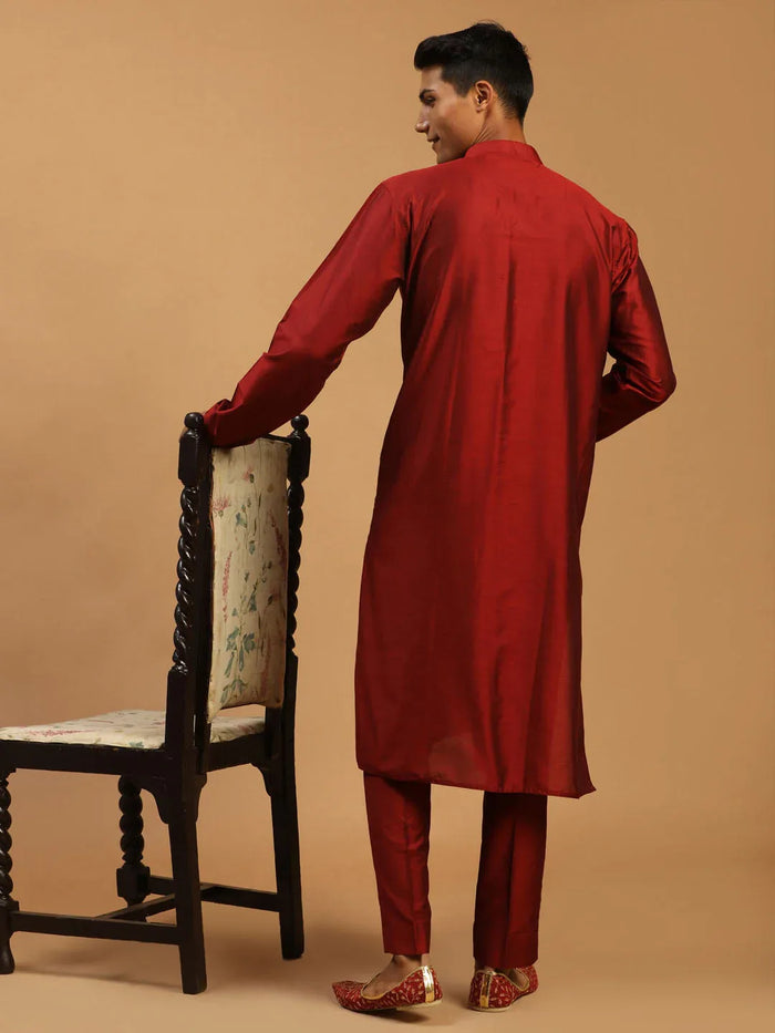 Men's Maroon Viscose Kurta With Pant Set
