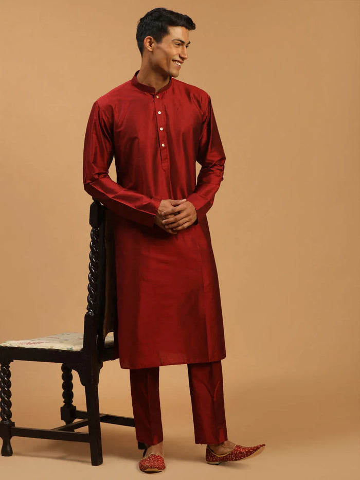 Men's Maroon Viscose Kurta With Pant Set