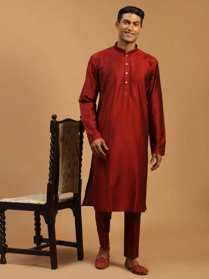 Men's Maroon Viscose Kurta With Pant Set