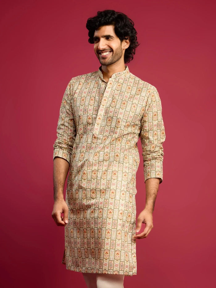 Men's Mint Green Cotton Blend Digital Print Sequin Long Kurta