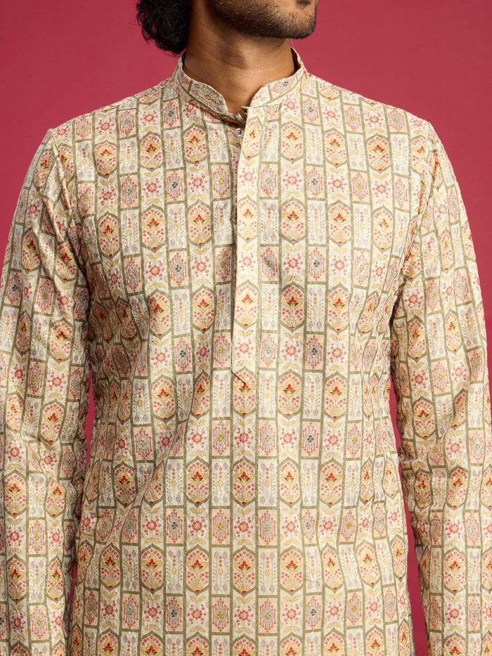 Men's Mint Green Cotton Blend Digital Print Sequin Long Kurta