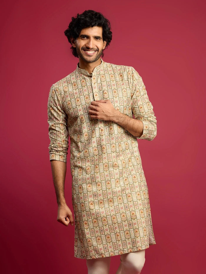 Men's Mint Green Cotton Blend Digital Print Sequin Long Kurta