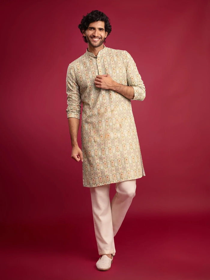 Men's Mint Green Cotton Blend Kurta with Cream Pyjama Set