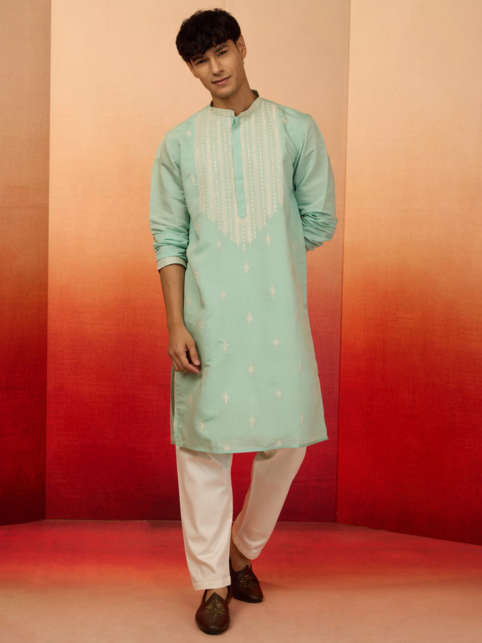 Men's Mint Green Embroidered Silk Kurta