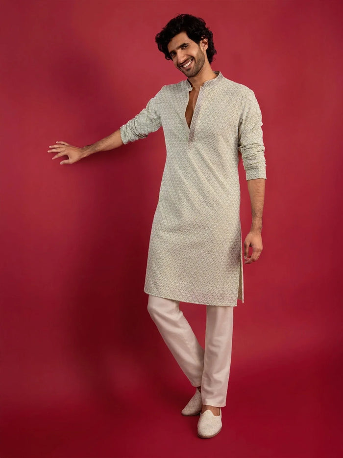 Men's Mint Green Faux Georgette Kurta with Cream Pyjama Set