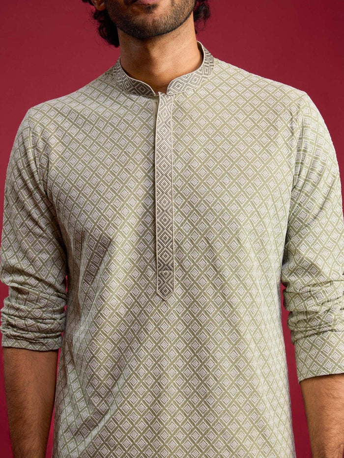 Men's Mint Green Faux Georgette Kurta with Cream Pyjama Set