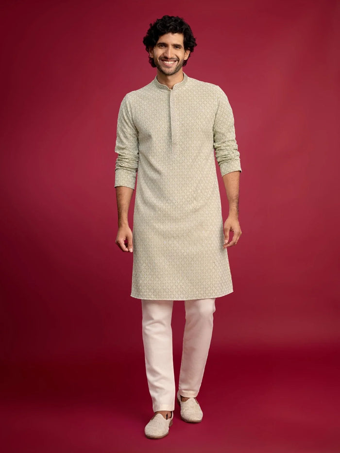 Men's Mint Green Faux Georgette Kurta with Cream Pyjama Set