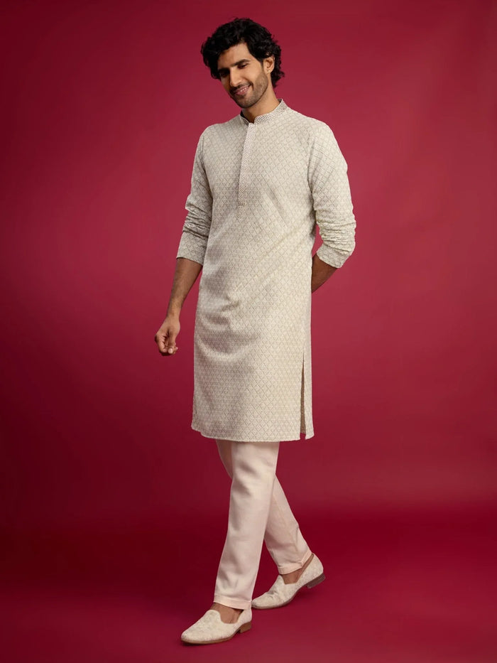 Men's Mint Green Faux Georgette Kurta with Cream Pyjama Set