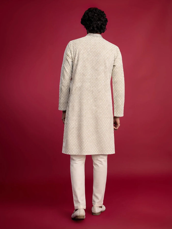 Men's Mint Green Faux Georgette Kurta with Cream Pyjama Set