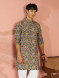Men's Multicolour Cotton Floral Printed Mid-Length Kurta