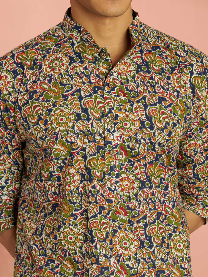 Men's Multicolour Cotton Floral Printed Mid-Length Kurta