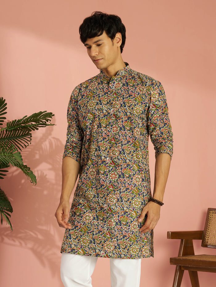 Men's Multicolour Cotton Floral Printed Mid-Length Kurta
