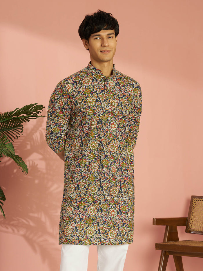 Men's Multicolour Cotton Floral Printed Mid-Length Kurta