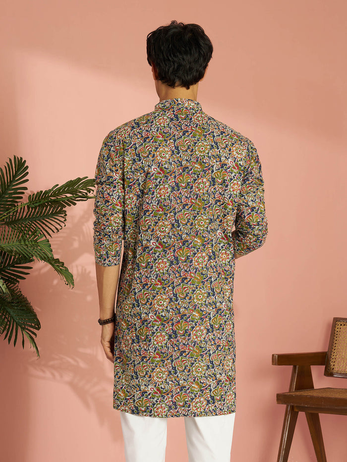 Men's Multicolour Cotton Floral Printed Mid-Length Kurta