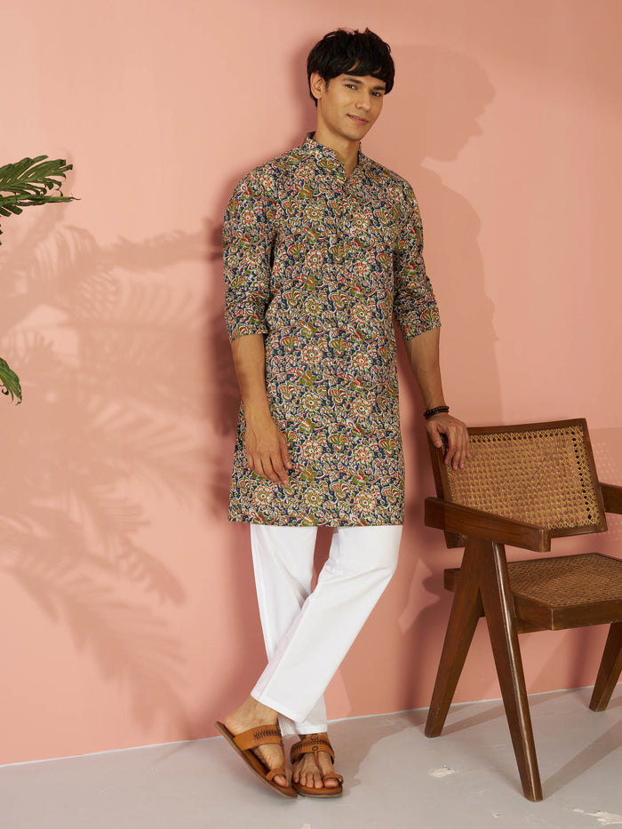 Men's Multicolour Cotton Floral Printed Mid-Length Kurta