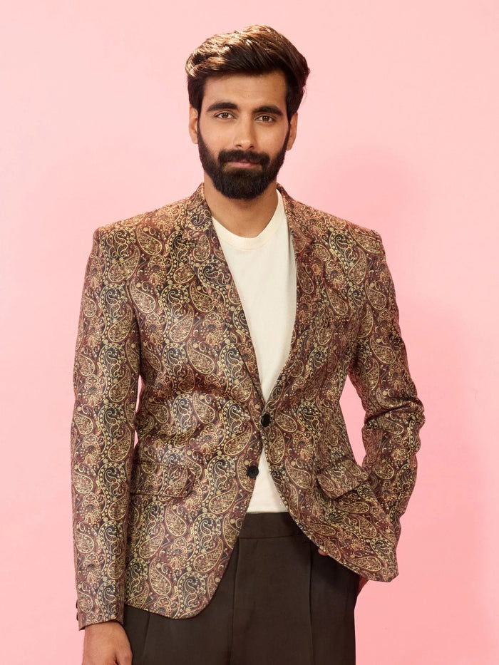 Men's Multicolour Velvet Patch Paisley Digital Print Notch Collar Wedding Blazer