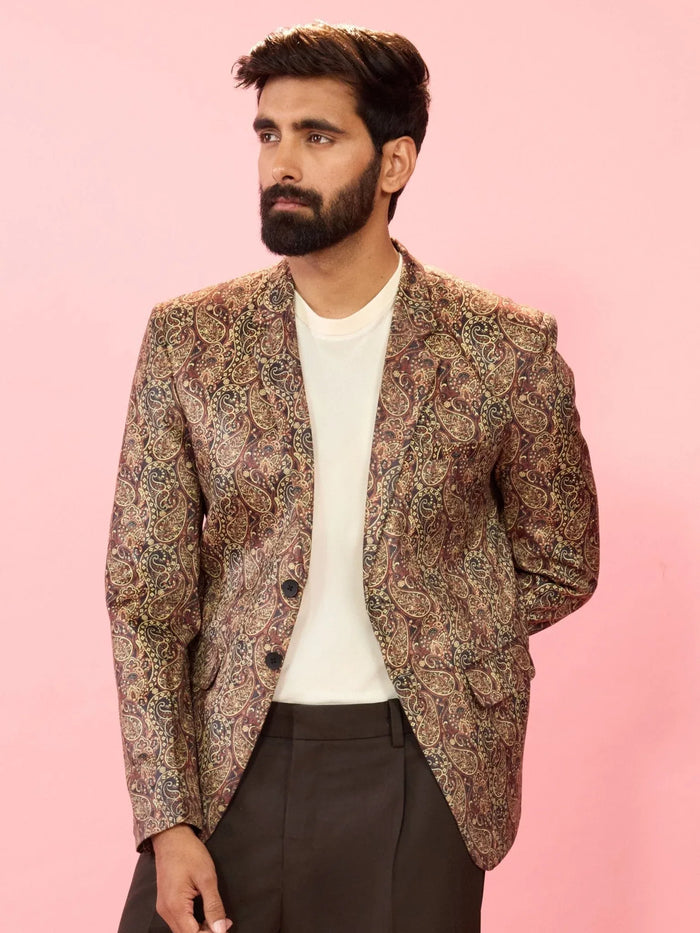 Men's Multicolour Velvet Patch Paisley Digital Print Notch Collar Wedding Blazer