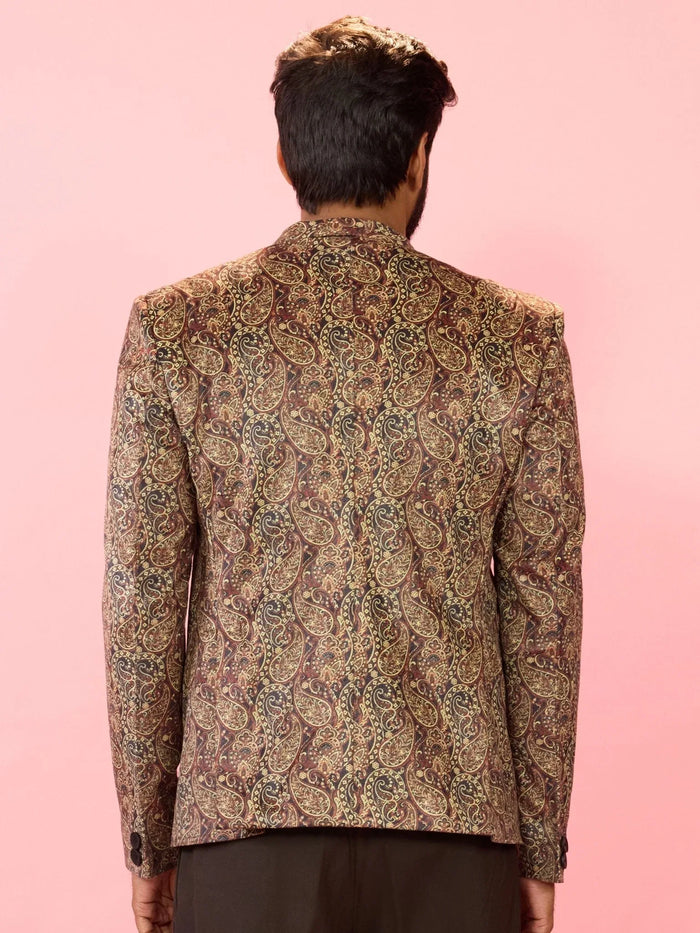 Men's Multicolour Velvet Patch Paisley Digital Print Notch Collar Wedding Blazer
