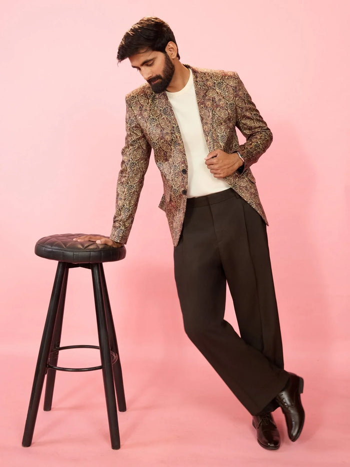 Men's Multicolour Velvet Patch Paisley Digital Print Notch Collar Wedding Blazer