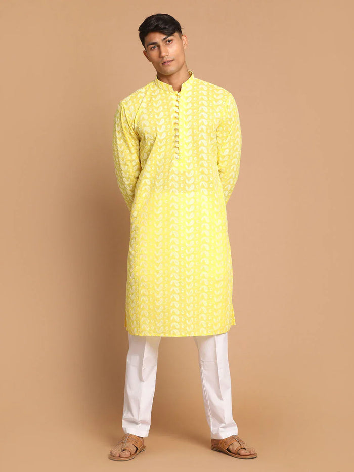 Men's Mustard Pure Cotton Chikankari Kurta With Pant Set