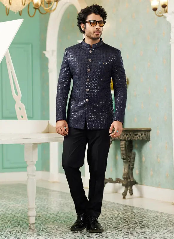 Men's Navy Blue Art Silk Thread Work Jodhpuri Jacket