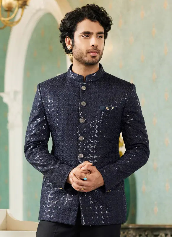 Men's Navy Blue Art Silk Thread Work Jodhpuri Jacket