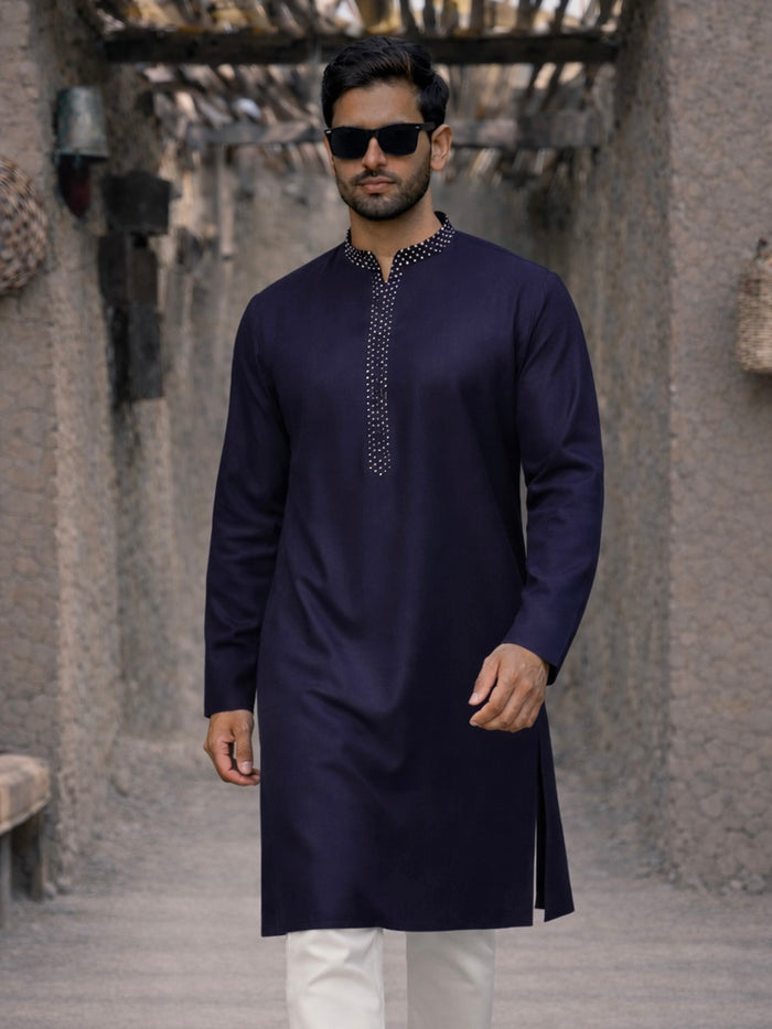 Men's Navy Blue Cotton Blend Ethnic Kurta