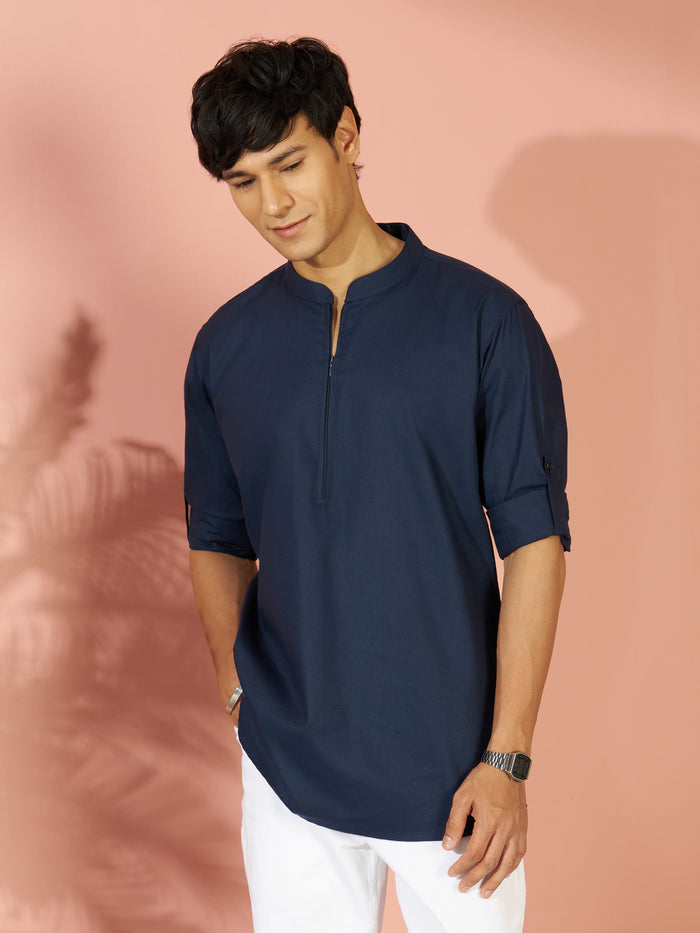 Men's Navy Blue Cotton Blend Solid Short Kurta with Zip