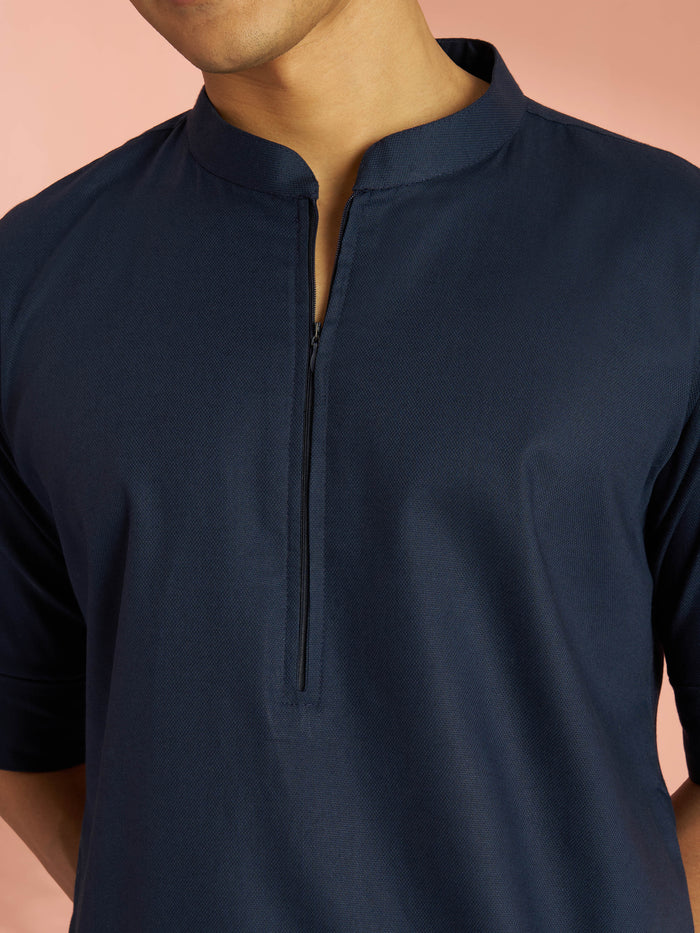 Men's Navy Blue Cotton Blend Solid Short Kurta with Zip