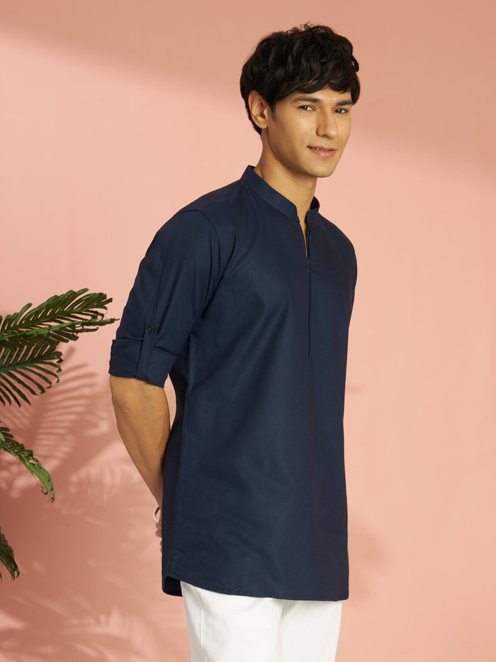 Men's Navy Blue Cotton Blend Solid Short Kurta with Zip