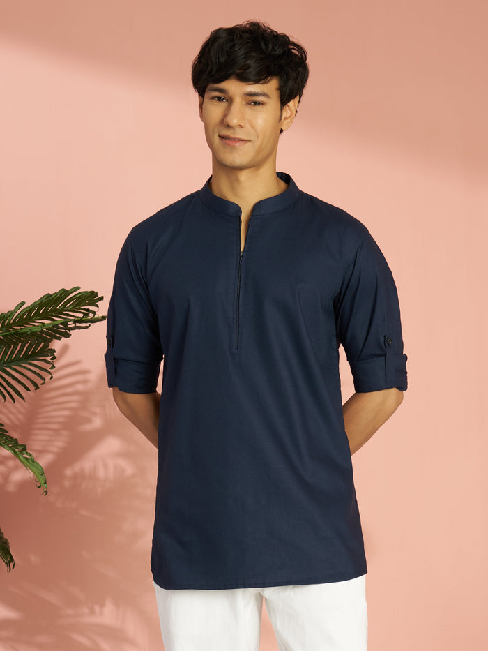 Men's Navy Blue Cotton Blend Solid Short Kurta with Zip