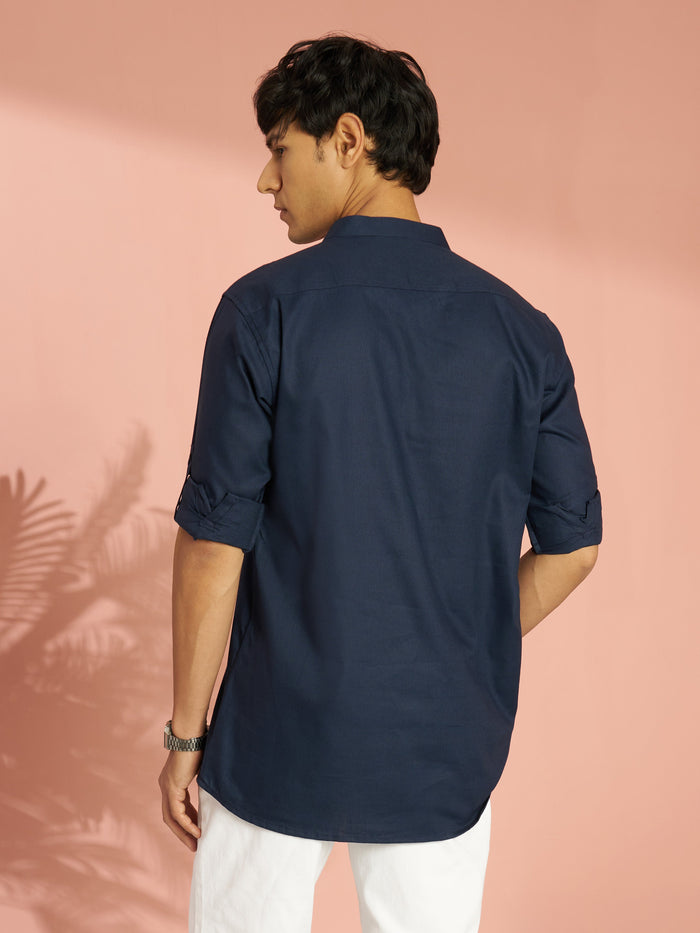 Men's Navy Blue Cotton Blend Solid Short Kurta with Zip