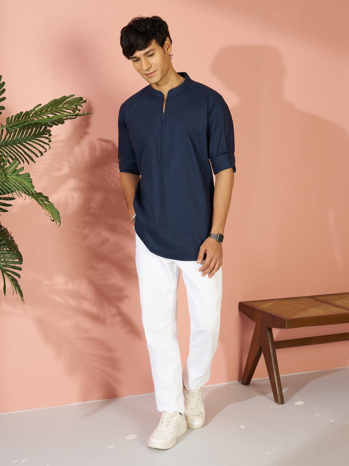 Men's Navy Blue Cotton Blend Solid Short Kurta with Zip